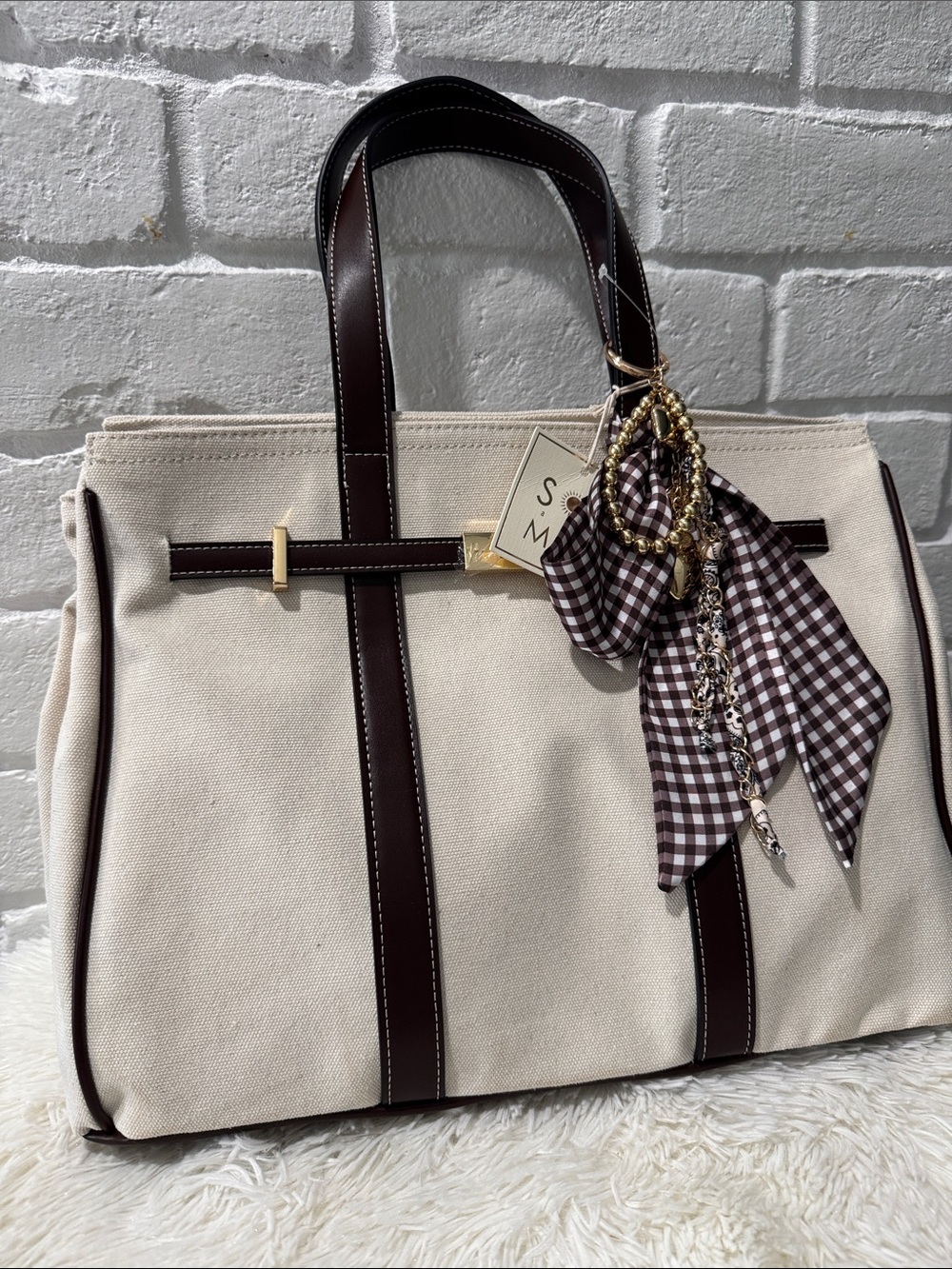 Canvas Tote Bag with Dark Brown Trim, Scarf and Charms